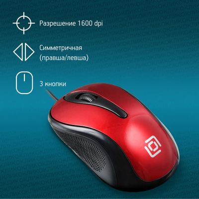 Мышь Oklick 385M, оптическая, проводная, USB, черный и красный [1066865]