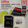 Карта памяти microSDHC UHS-I Sandisk Ultra 32 ГБ, 100 МБ/с, Class 10, SDSQUNR-032G-GN3MA, 1 шт., переходник SD