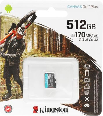 Карта памяти microSDXC UHS-I U3 Kingston Canvas Go! Plus 512 ГБ, 170 МБ/с, Class 10, SDCG3/512GBSP, 1 шт., без адаптера
