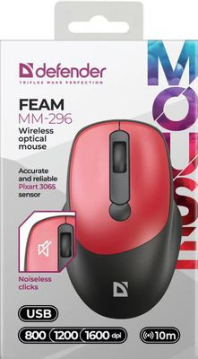 Мышь Defender Feam MM-296, оптическая, беспроводная, USB, красный [52299]