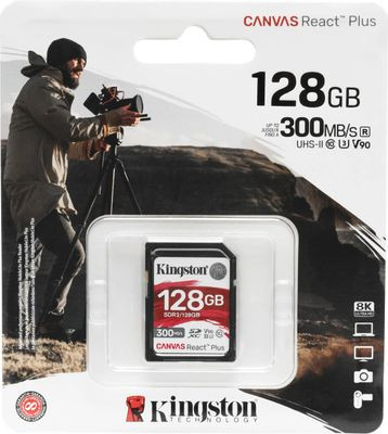 Карта памяти SDXC UHS-II U3 Kingston Canvas React Plus 128 ГБ, 300 МБ/с, Class 10, SDR2/128GB, 1 шт., без адаптера