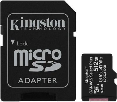 Карта памяти microSDXC UHS-I U3 Kingston Canvas Select Plus 512 ГБ, 100 МБ/с, SDCS2/512GB, 1 шт., переходник SD