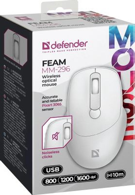 Мышь Defender Feam MM-296, оптическая, беспроводная, USB, белый [52297]
