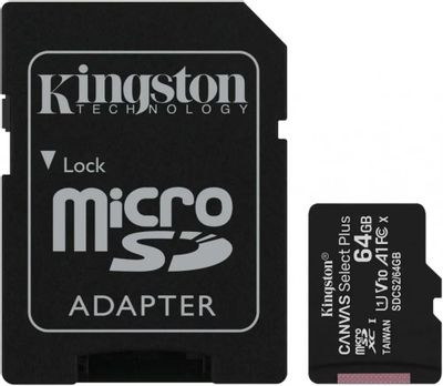 Карта памяти microSDXC UHS-I Kingston Canvas Select Plus 64 ГБ, 100 МБ/с, Class 10, SDCS2/64GB, 1 шт., переходник SD