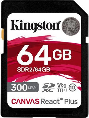 Карта памяти SDXC UHS-II U3 Kingston Canvas React Plus 64 ГБ, 300 МБ/с, 90X, Class 10, SDR2/64GB, 1 шт., без адаптера