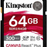 Карта памяти SDXC UHS-II U3 Kingston Canvas React Plus 64 ГБ, 300 МБ/с, 90X, Class 10, SDR2/64GB, 1 шт., без адаптера