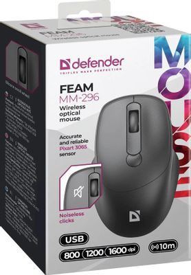 Мышь Defender Feam MM-296, оптическая, беспроводная, USB, черный [52296]
