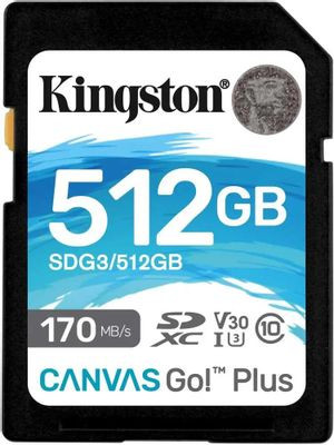 Карта памяти SDXC UHS-I U3 Kingston Canvas Go! Plus 512 ГБ, 170 МБ/с, Class 10, SDG3/512GB, 1 шт., без адаптера