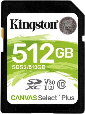 Карта памяти SDXC UHS-I U3 Kingston Canvas Select Plus 512 ГБ, 100 МБ/с, Class 10, SDS2/512GB, 1 шт., без адаптера