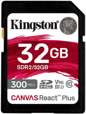 Карта памяти SDHC UHS-II U3 Kingston Canvas React Plus 32 ГБ, 300 МБ/с, Class 10, SDR2/32GB, 1 шт., переходник SD
