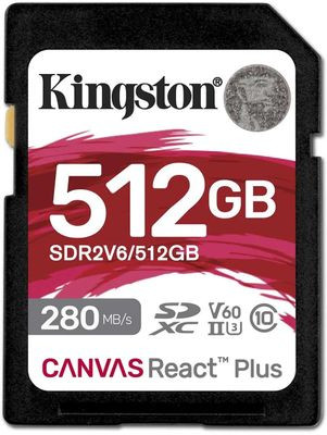 Карта памяти SDXC UHS-II Kingston Canvas React Plus 512 ГБ, 280 МБ/с, Class 10, SDR2V6/512GB, 1 шт., без адаптера