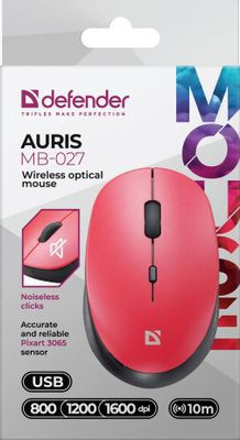 Мышь Defender Auris MB-027, оптическая, беспроводная, USB, красный [52026]