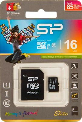 Карта памяти microSDHC UHS-I Silicon Power 16 ГБ, 85 МБ/с, Class 10, SP016GBSTHBU1V10SP, 1 шт., переходник SD
