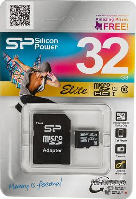 Карта памяти microSDHC UHS-I Silicon Power 32 ГБ, 40 МБ/с, Class 10, SP032GBSTHBU1V10SP, 1 шт., переходник SD