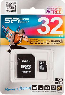 Карта памяти microSDHC Silicon Power 32 ГБ, Class 10, SP032GBSTH010V10SP, 1 шт., переходник SD