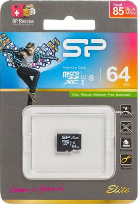 Карта памяти microSDXC UHS-I Silicon Power 64 ГБ, 85 МБ/с, Class 10, SP064GBSTXBU1V10, 1 шт., без адаптера