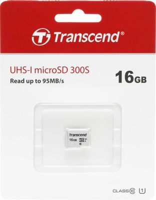 Карта памяти microSDHC UHS-I U1 Transcend 16 ГБ, 95 МБ/с, Class 10, TS16GUSD300S, 1 шт., без адаптера