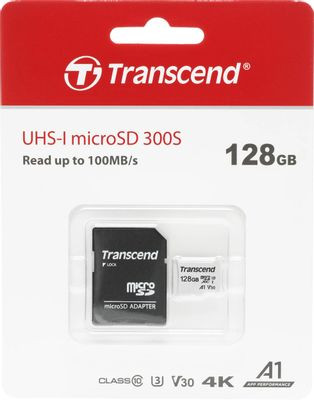 Карта памяти microSDXC UHS-I U3 Transcend 128 ГБ, 100 МБ/с, TS128GUSD300S-A, 1 шт., переходник SD