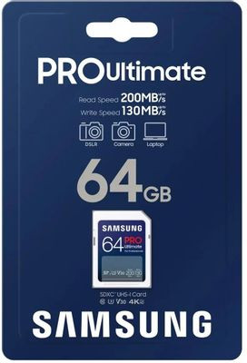Карта памяти SDXC UHS-I U3 Samsung Pro Ultimate 64 ГБ, 200 МБ/с, Class 10, MB-SY64S/WW, 1 шт., без адаптера