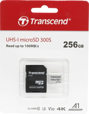 Карта памяти microSDXC UHS-I U3 Transcend 256 ГБ, 100 МБ/с, Class 10, TS256GUSD300S-A, 1 шт., переходник SD