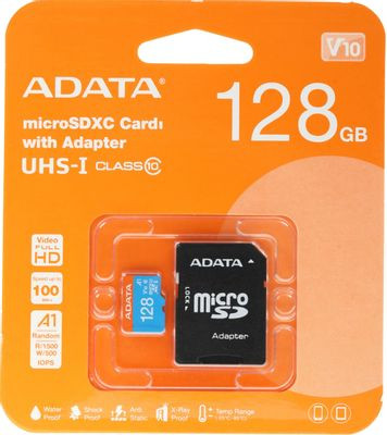Карта памяти microSDXC UHS-I U1 A-Data Premier Pro 128 ГБ, 100 МБ/с, Class 10, AUSDX128GUICL10A1-RA1, 1 шт., переходник SD