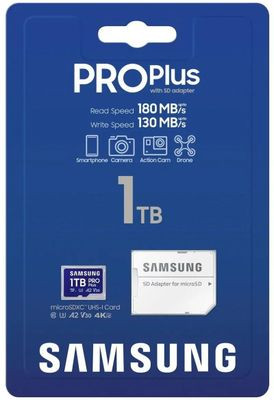 Карта памяти microSDXC UHS-I U3 Samsung Pro PLUS 1024 ГБ, 180 МБ/с, Class 10, MB-MD1T0SA, 1 шт., переходник SD