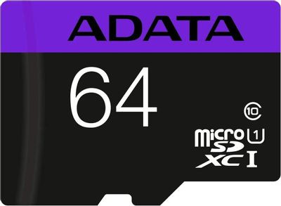 Карта памяти microSDXC UHS-I U1 A-Data 64 ГБ, Class 10, AUSDX64GUICL10-RA1, 1 шт., переходник SD