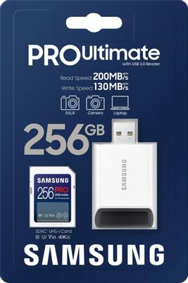 Карта памяти SDXC UHS-I U3 Samsung Pro Ultimate 256 ГБ, 200 МБ/с, Class 10, MB-SY256SB/WW, 1 шт., переходник SD