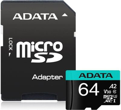 Карта памяти microSDXC UHS-I U3 A-Data Premier Pro 64 ГБ, 100 МБ/с, Class 10, AUSDX64GUI3V30SA2-RA1, 1 шт., переходник SD