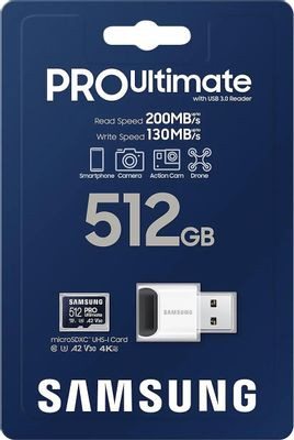 Карта памяти microSDXC UHS-I U3 Samsung Pro Ultimate 512 ГБ, 200 МБ/с, Class 10, MB-MY512SB/WW, 1 шт., переходник SD