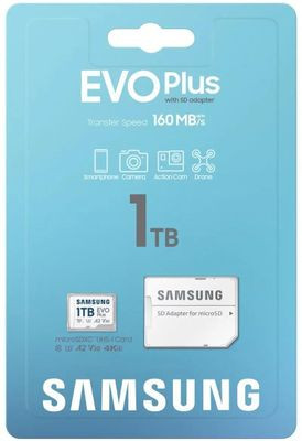 Карта памяти microSDXC UHS-I U3 Samsung EVO Plus 1024 ГБ, 160 МБ/с, Class 10, MB-MC1T0SA, 1 шт., переходник SD