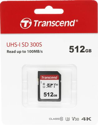 Карта памяти SDXC UHS-I U3 Transcend 512 ГБ, 100 МБ/с, Class 10, TS512GSDC300S, 1 шт., без адаптера