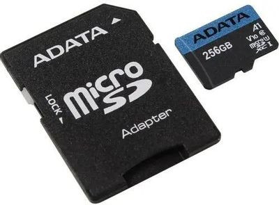 Карта памяти microSDXC UHS-I U1 A-Data Premier Pro 256 ГБ, 100 МБ/с, 10X, Class 10, AUSDX256GUICL10A1-RA1, 1 шт., переходник SD