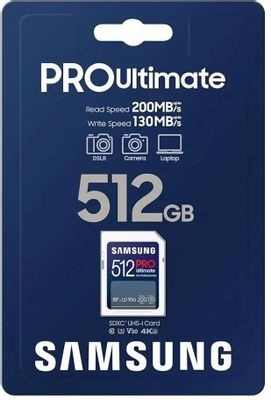 Карта памяти SDXC UHS-I U3 Samsung Pro Ultimate 512 ГБ, 200 МБ/с, Class 10, MB-SY512S/WW, 1 шт., без адаптера