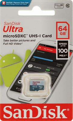 Карта памяти microSDXC UHS-I Sandisk Ultra 64 ГБ, 100 МБ/с, Class 10, SDSQUNR-064G-GN3MN, 1 шт., без адаптера