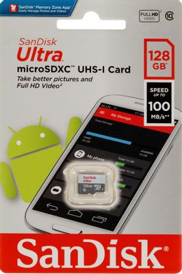 Карта памяти microSDXC UHS-I Sandisk Ultra 128 ГБ, 100 МБ/с, Class 10, SDSQUNR-128G-GN6MN, 1 шт., без адаптера