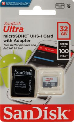 Карта памяти microSDHC UHS-I Sandisk Ultra 32 ГБ, 100 МБ/с, Class 10, SDSQUNR-032G-GN3MA, 1 шт., переходник SD
