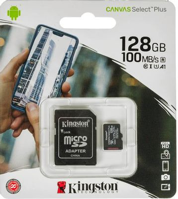 Карта памяти microSDXC UHS-I U1 Kingston Canvas Select Plus 128 ГБ, 100 МБ/с, Class 10, SDCS2/128GB, 1 шт., переходник SD
