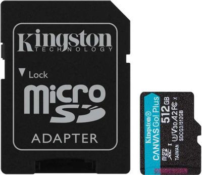 Карта памяти microSDXC UHS-I U3 Kingston Canvas Go! Plus 512 ГБ, 170 МБ/с, Class 10, SDCG3/512GB, 1 шт., переходник SD