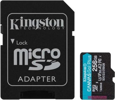 Карта памяти microSDXC UHS-I U3 Kingston Canvas Go! Plus 256 ГБ, 170 МБ/с, Class 10, SDCG3/256GB, 1 шт., переходник SD