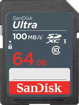 Карта памяти SDXC UHS-I Sandisk Ultra 64 ГБ, 100 МБ/с, Class 10, SDSDUNR-064G-GN3IN, 1 шт.