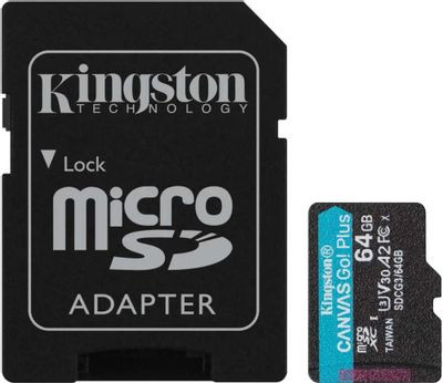 Карта памяти microSDXC UHS-I U3 Kingston Canvas Go! Plus 64 ГБ, 170 МБ/с, Class 10, SDCG3/64GB, 1 шт., переходник SD