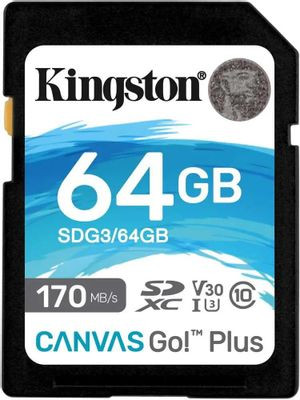 Карта памяти SDXC UHS-I U3 Kingston Canvas Go! Plus 64 ГБ, 170 МБ/с, Class 10, SDG3/64GB, 1 шт., без адаптера