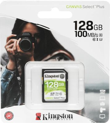 Карта памяти SDXC UHS-I U3 Kingston Canvas Select Plus 128 ГБ, 100 МБ/с, Class 10, SDS2/128GB, 1 шт., без адаптера